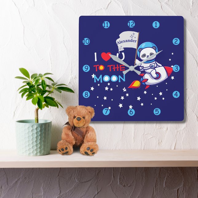 Relógio Quadrado Cute Panda Bear On Rocket Ship Kids Personalized (Criador carregado)