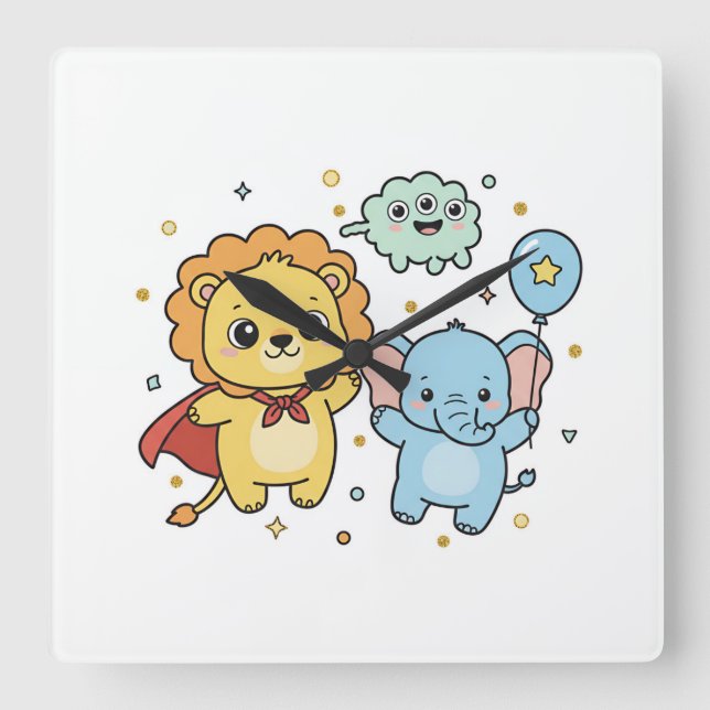 Relógio Quadrado Cute Superhero Lion and Elephant Friends Cartoon (Frente)