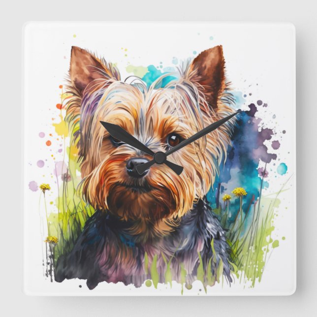 RELÓGIO QUADRADO CUTE WATERCOLOR YORKSHIRE TERRIER DOG (Frente)