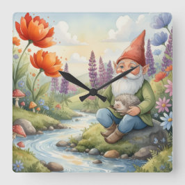 Relógio Quadrado Cute Whimsical nursery gnome forest wall clock