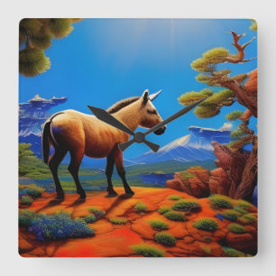 Relógio Quadrado Cute Wild Donkey com vista para um vale de montanh