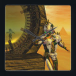 Relógio Quadrado CYBORG TITAN,DESERT HYPERION Science Ficfi<br><div class="desc">Imagem artística, colorida e brilhante de ficção científica em cores amarela, verde, castanha, branca. Titan cyborg da Hyperion com sua vibrante carapaça metálica cromática reflexiva em um ambiente surreal com pirâmides, sol quente, deserto semelhante a uma paisagem egípcia, quadro de animação do filme 3D Hyperion World . Baldesign3d (c)</div>