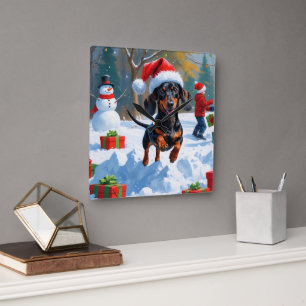 Relógio Quadrado Dachshund Correndo na Neve com Chapéu de Natal