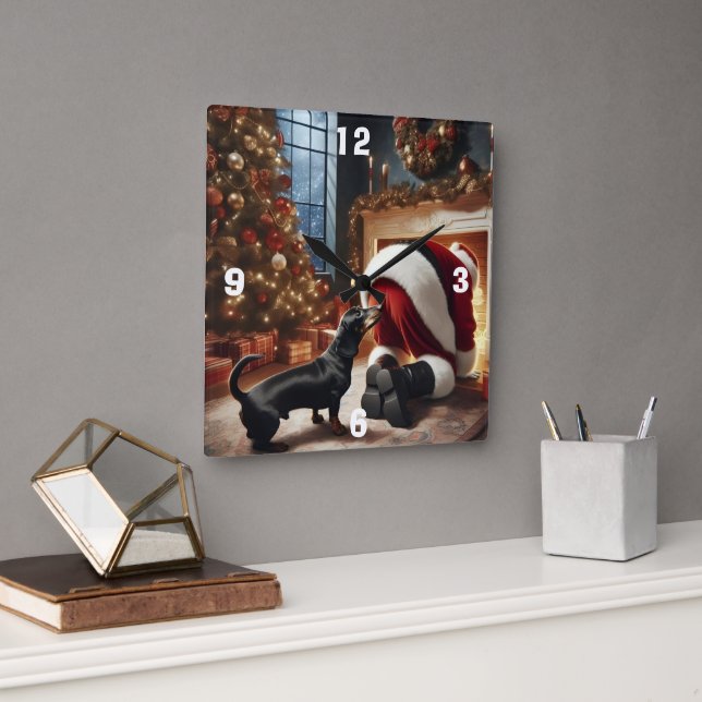 Relógio Quadrado Dachshund e Papai Noel  (Escritório)