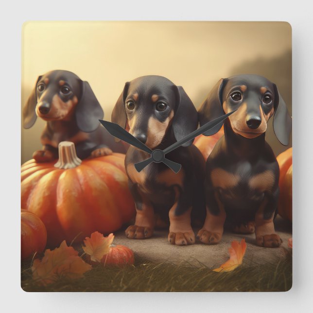 Relógio Quadrado Dachshund Puppy Autumn Delight Pumpkin (Frente)