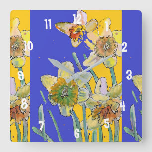 Relógio Quadrado Daffodil Watercolor Yellow Womans Office Clock