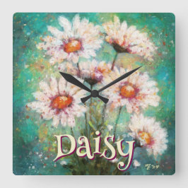 Relógio Quadrado Daisies Impressionistic Floral Teal Personalized