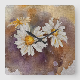 Relógio Quadrado Daisies na névoa Watercolor