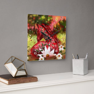 Relógio Quadrado Daisy Horse Abstrato Art Red White Floral