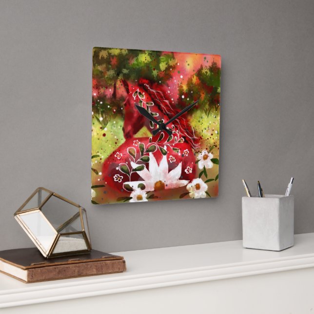 Relógio Quadrado Daisy Horse Abstrato Art Red White Floral (Escritório)
