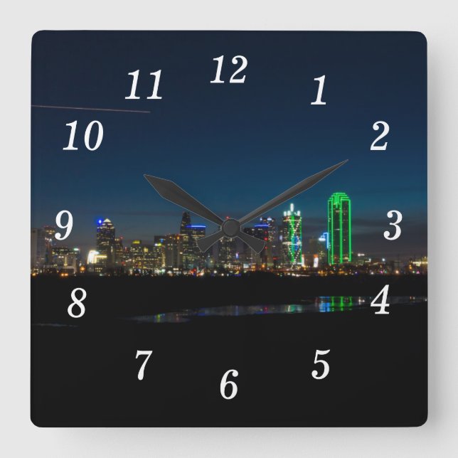 Relógio Quadrado Dallas Skyline Dawn Pano Wall Clock (Frente)
