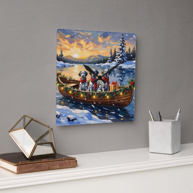 Relógio Quadrado Dalmatian Christmas Boat Holiday (Escritório)