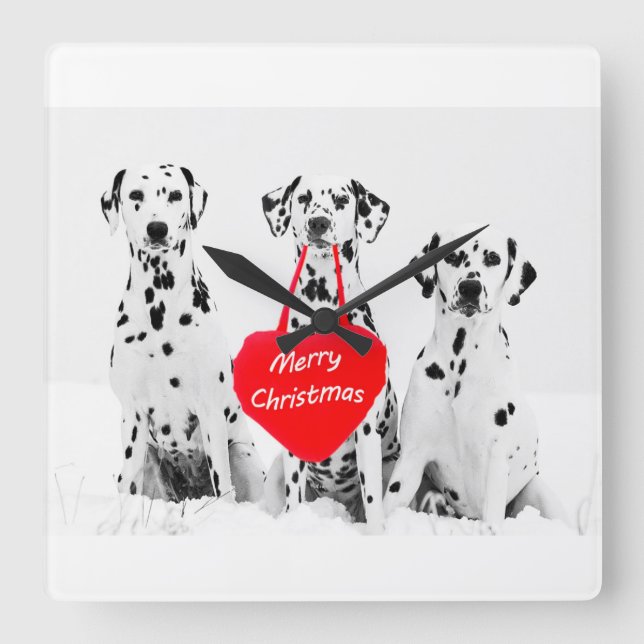 Relógio Quadrado Dalmatianos Desejando Feliz Muro de Natal (Frente)
