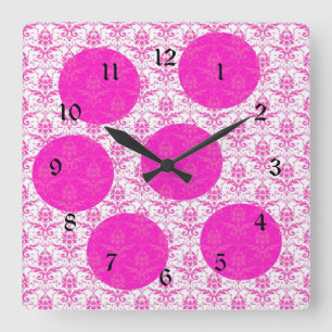 Relógio Quadrado Damasco do rosa quente com bolinhas cor-de-rosa