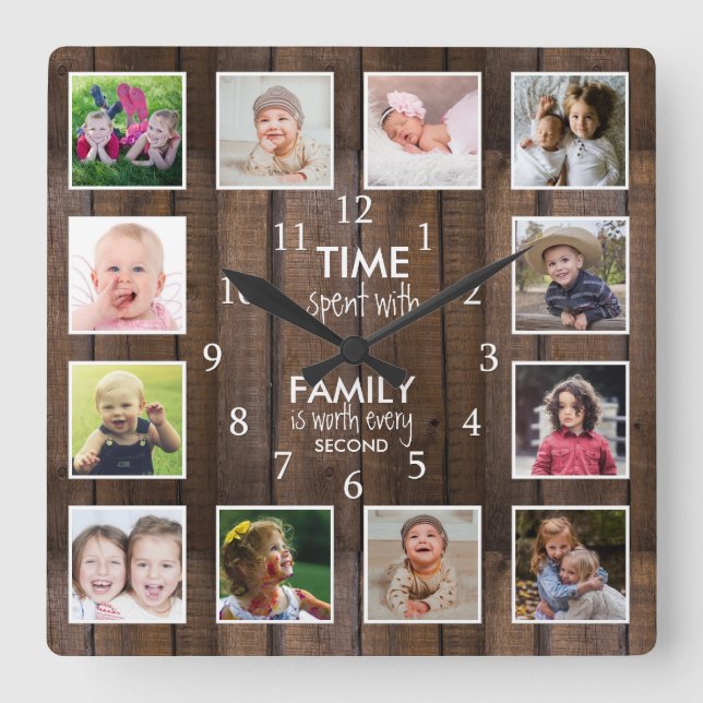 Relógio Quadrado Dark Wood 12 Photo Template Time Family Quote (Frente)