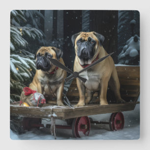 Relógio Quadrado Decado de Natal Bullmastiff Snowy Sleigh