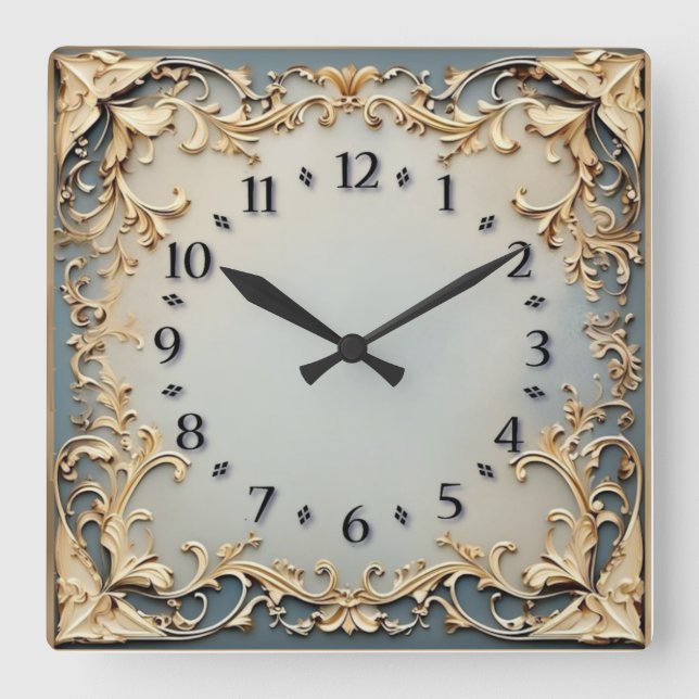 Relógio Quadrado Deco Art Azul e Dourado (Frente)