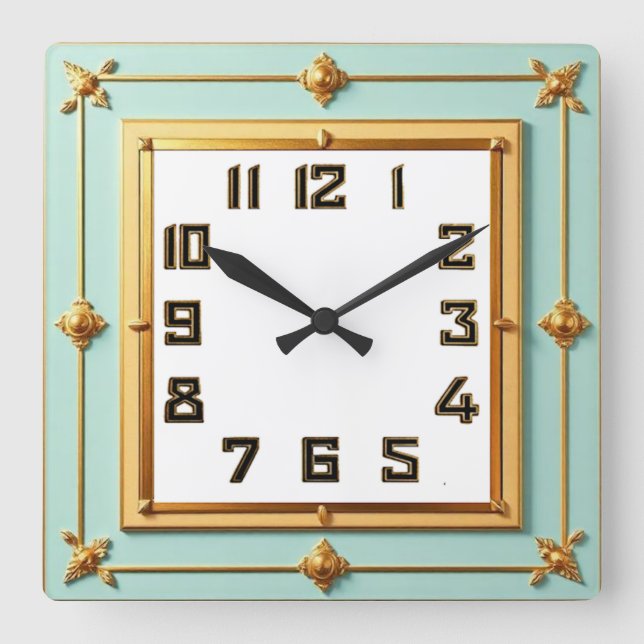 Relógio Quadrado Deco Art Verde-menta e Dourado (Frente)