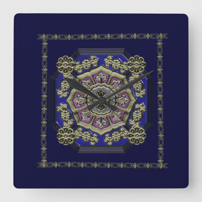 Relógio Quadrado Deco de Arte Asiática (Jeweled tradicional) (Frente)