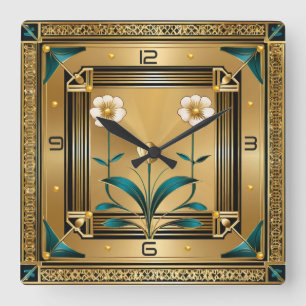 Relógio Quadrado Deco de Arte Dourada Flor