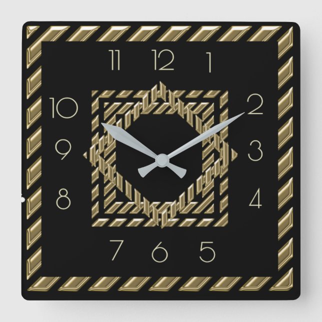Relógio Quadrado Deco de Arte Negra e Ouro (Frente)