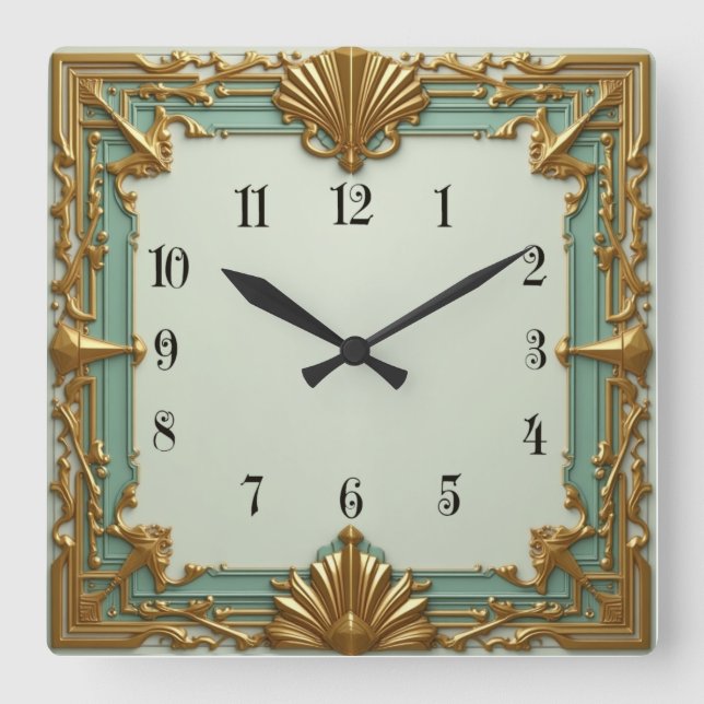 Relógio Quadrado Deco Mint e Ouro (Frente)