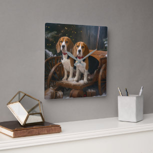 Relógio Quadrado Decoração de Natal Beagle Snowy Sleigh 