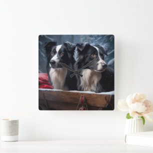 Relógio Quadrado Decoração de Natal Border Collie Snowy Sleigh 