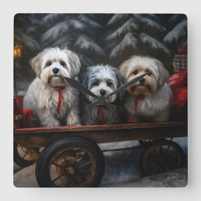 Relógio Quadrado Decoração de Natal de Havanese Snowy Sleigh (Frente)