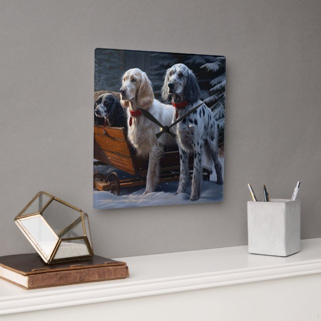 Relógio Quadrado Decoração de Natal do Setter Inglês Snowy Sleigh (Escritório)