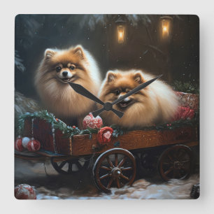 Relógio Quadrado Decoração de Natal Pomeraniana Snowy Sleigh