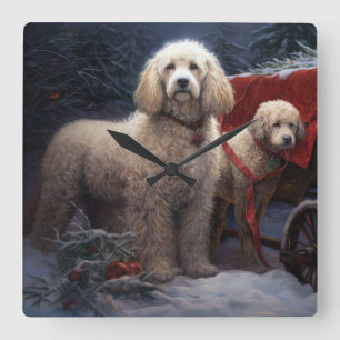 Relógio Quadrado Decoração de Natal Poodle Snowy Sleigh