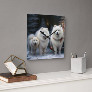 Relógio Quadrado Decoração de Natal Samoyed Snowy Sleigh
