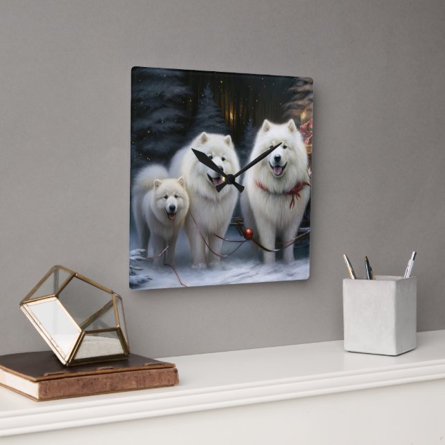 Relógio Quadrado Decoração de Natal Samoyed Snowy Sleigh (Escritório)