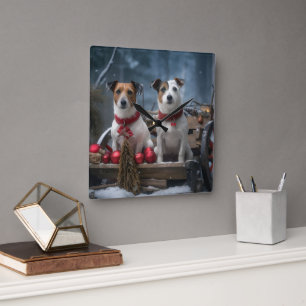 Relógio Quadrado Decoração de Natal Trenó Snowy Jack Russell 