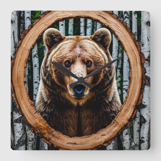 Relógio Quadrado Decoração de Parede com Retrato de Urso para Casa  (Frente)