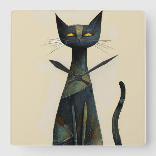 Relógio Quadrado Decoração de Parede de Gato Preto Longo Engraçado 