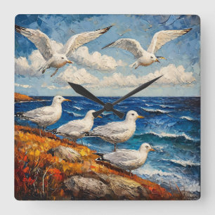 Relógio Quadrado Decoração de Parede Paisagem Marítima de Gaivota E