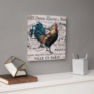 Relógio Quadrado Decoração do muro do Vintage Paris Rooster Count