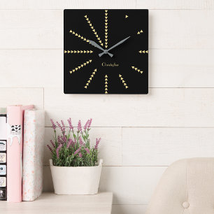 Relógio Quadrado Decoração Dourada de Preto Elegante Moderno Pers