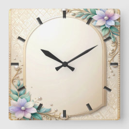Relógio Quadrado Decorative Floral Frame with Pearls Wall Clock