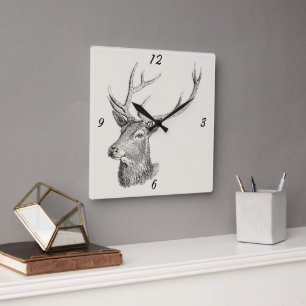 Relógio Quadrado Deer Buck Head com Antlers Black and White Art