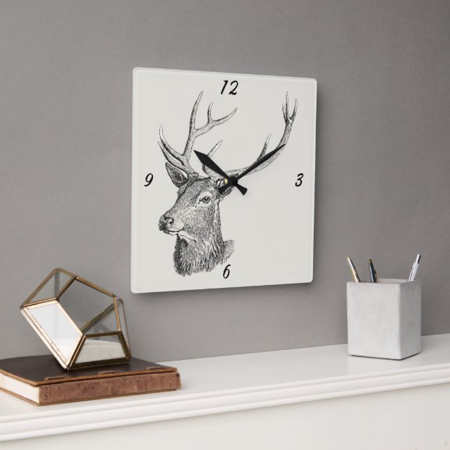 Relógio Quadrado Deer Buck Head com Antlers Black and White Art (Escritório)