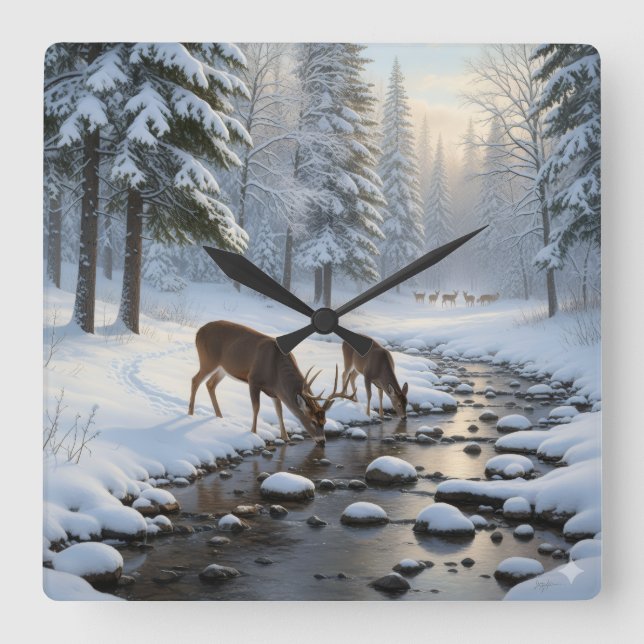 Relógio Quadrado Deer drinking from a snow covered brook -  (Frente)
