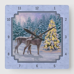 Relógio Quadrado Deer e Árvore de Natal Blue