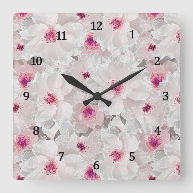 Relógio Quadrado Delicar floral branco e rosa (Frente)