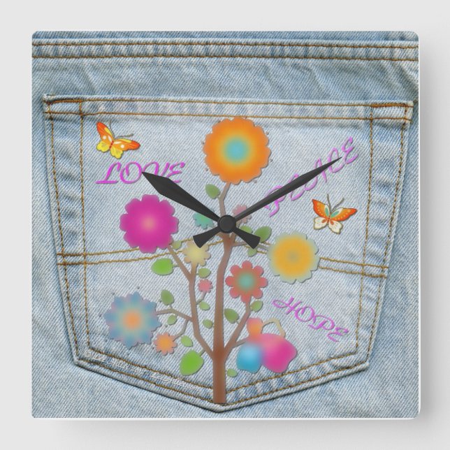 Relógio Quadrado Denim Back Pocket Flowers Peace Love Square Clock (Frente)