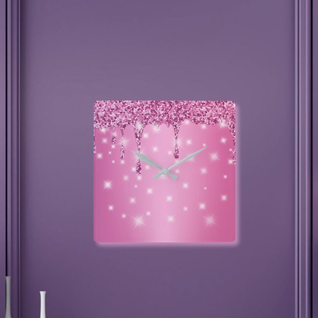 Relógio Quadrado Derrame de brilho rosa-quente elegante (Hot pink glitter drip wall clock – a chic, glam gift for bachelorette gifts for bride, or bridesmaid)