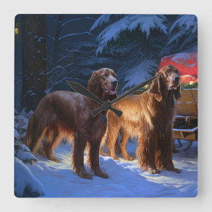 Relógio Quadrado Desconto de Natal do Irish Red Setter Snowy Sleigh