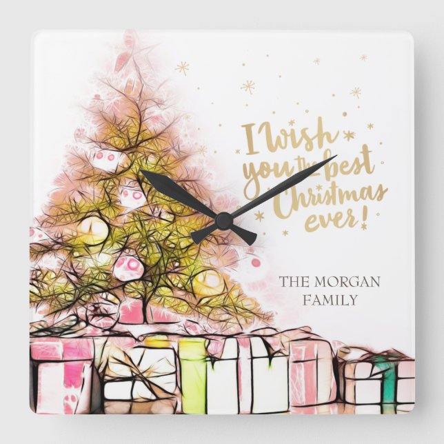 Relógio Quadrado Desejo-Te O Melhor Natal De Todos, Pine Tree (Frente)